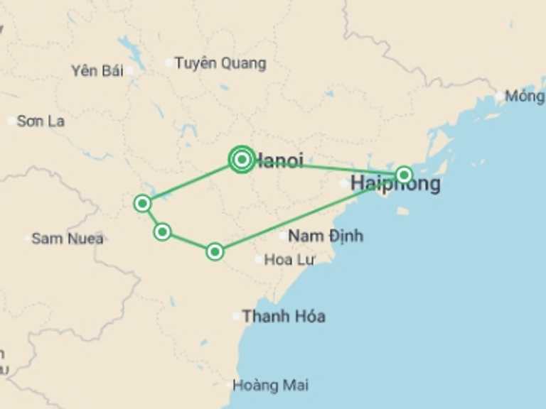 Map itinerary of Hanoi Tour in September 2026 with 5 destination visits for the trip: Cycle Northern Vietnam