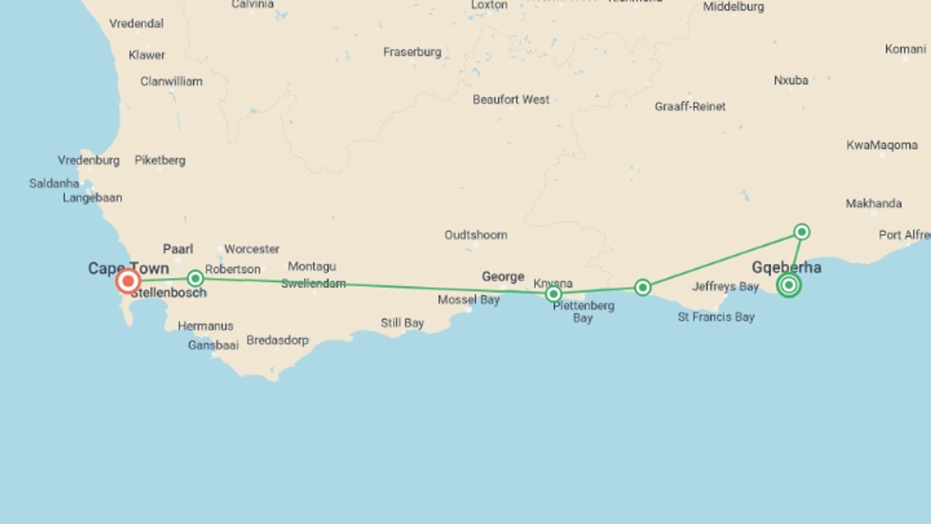 A map showing the tour itinerary for the trip: South Africa: Cape Town & The Garden Route, starting in Port Elizabeth, South Africa and ending in Cape Town, South Africa going through 4 other destinations.