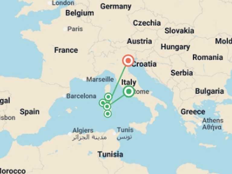 Map of Mediterranean Tour with 6 destination visits for the trip: Signature Sardinia