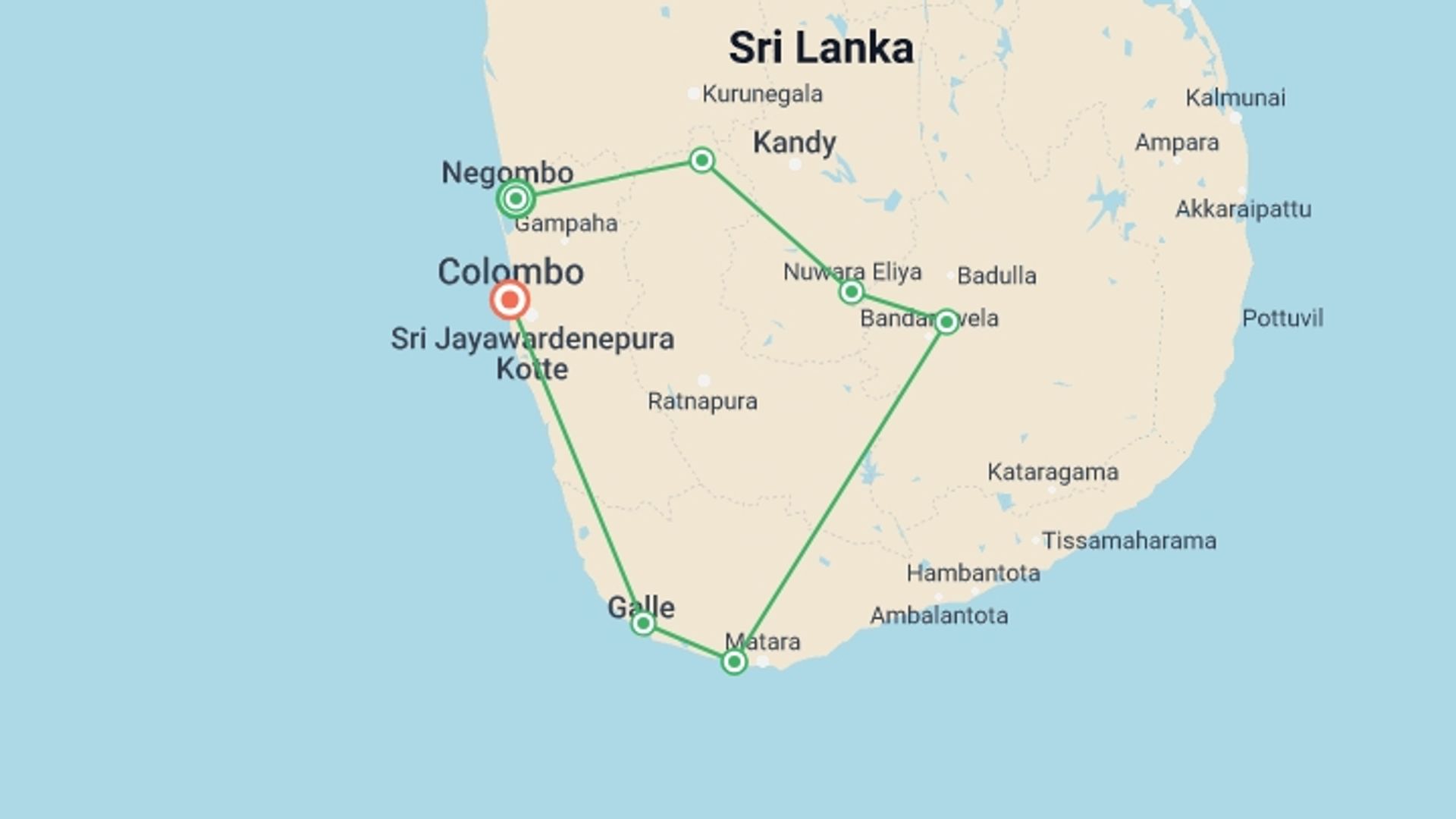 A map showing the tour itinerary for the trip: Experience Sri Lanka, starting in Negombo, Sri Lanka and ending in Colombo, Sri Lanka going through 3 other destinations.