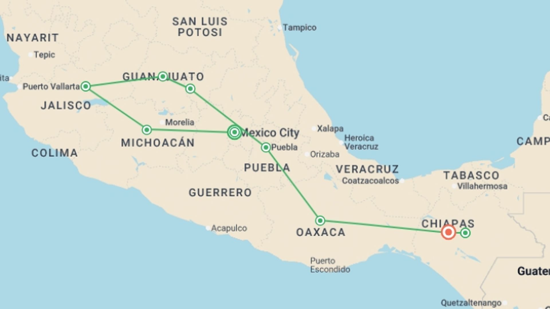 A map showing the tour itinerary for the trip: The Route of Sun and Tradition, starting in Mexico City, Mexico and ending in Tuxtla Gutiérrez, Mexico going through 7 other destinations.