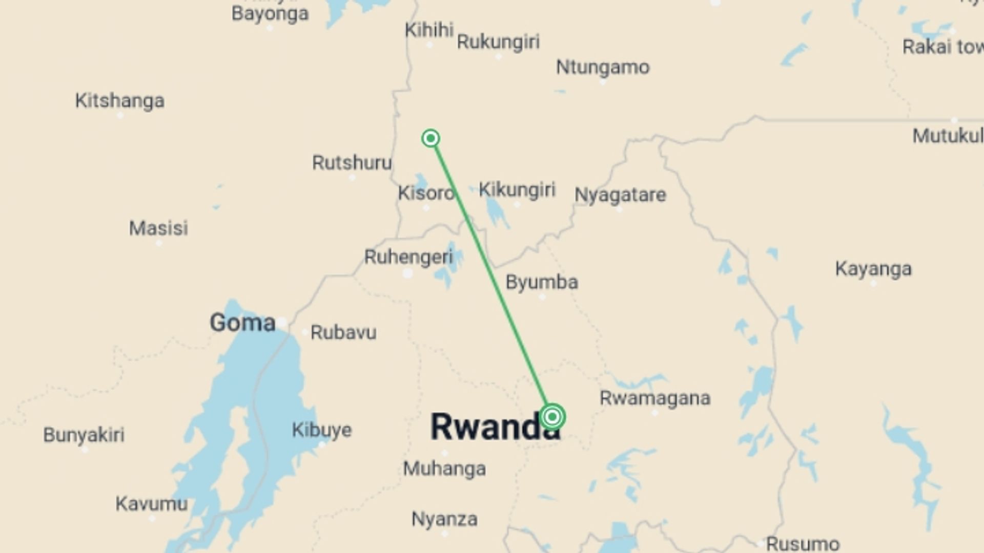 A map showing the tour itinerary for the trip: Gorilla Trek Independent Adventure, starting in Kigali, Rwanda and ending in Kigali, Rwanda going through 1 other destinations.
