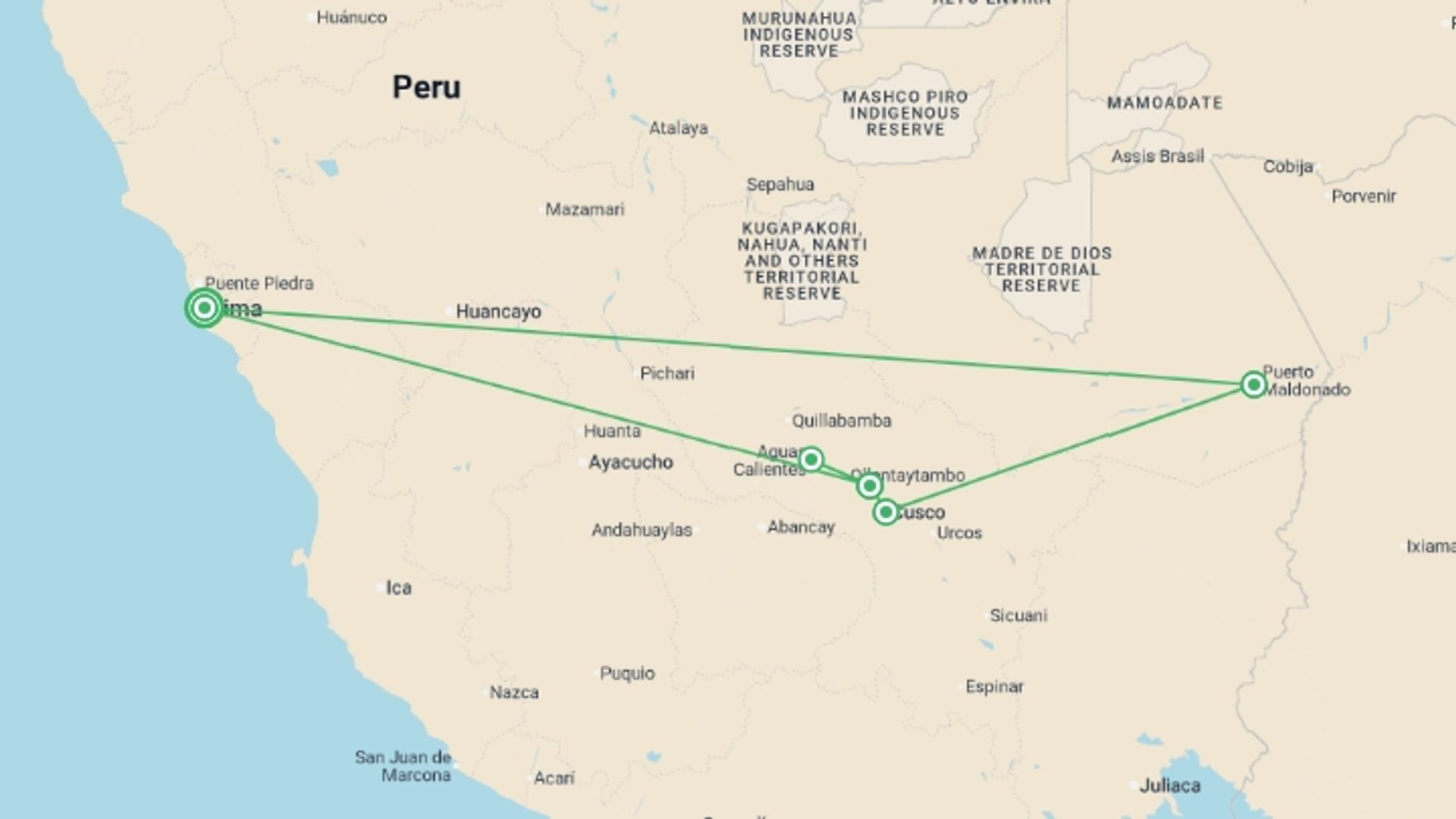 A map showing the tour itinerary for the trip: Signature: Peru from Machu Picchu to the Amazon Jungle, starting in Lima, Peru and ending in Lima, Peru going through 4 other destinations.