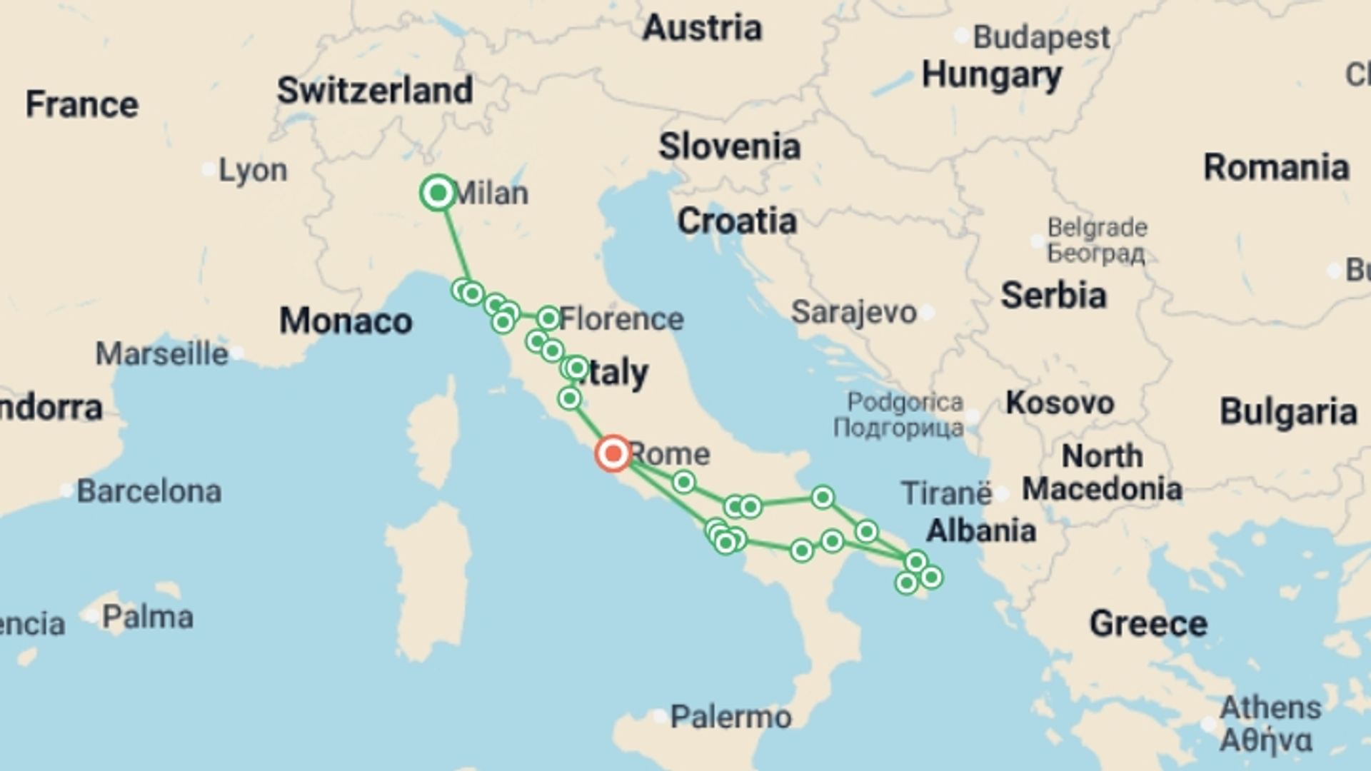 A map showing the tour itinerary for the trip: Milan to Rome, Puglia & Amalfi - 13 days, starting in Milan, Italy and ending in Rome, Italy going through 6 other destinations.