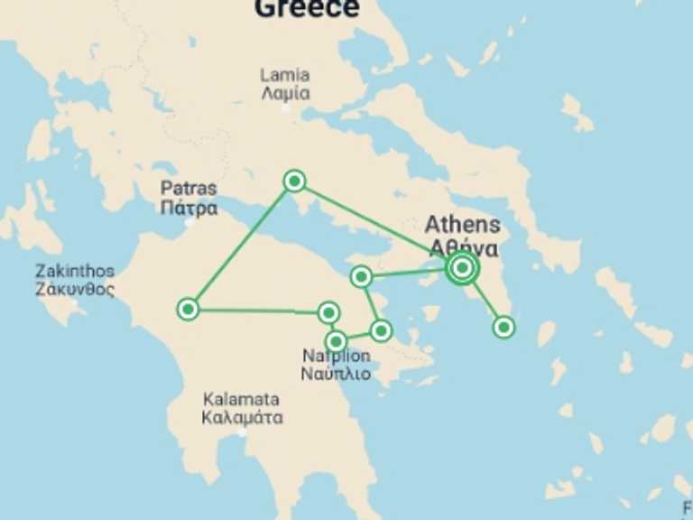 Map of 5-Day Athens Tour with 3 destination visits for the trip: 5 Days Classical Tour Greece Nafplion, Olympia, Delphi