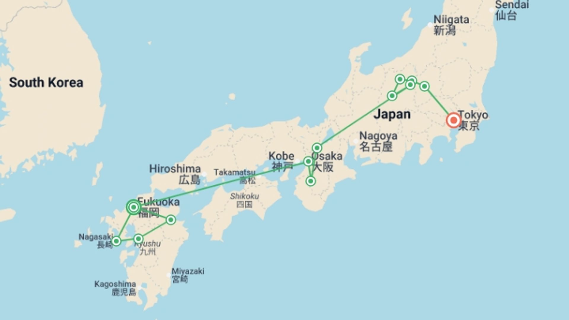 A map showing the tour itinerary for the trip: Kyushu, Mount Koya, the Japanese Alps and Tokyo, starting in Fukuoka, undefined and ending in Tokyo, Japan going through 7 other destinations.