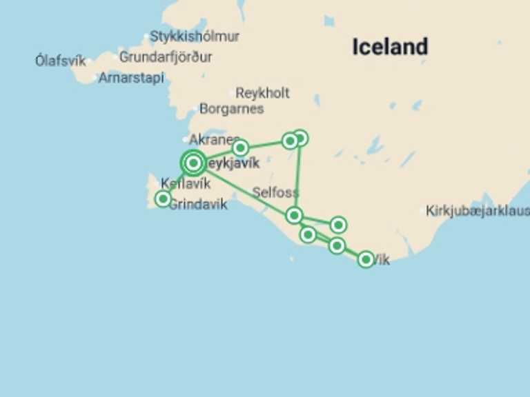 Map of 6-Day Reykjavik Tour with 2 destination visits for the trip: Land of Fire, Ice & Solar Eclipse 2026 - 6 days