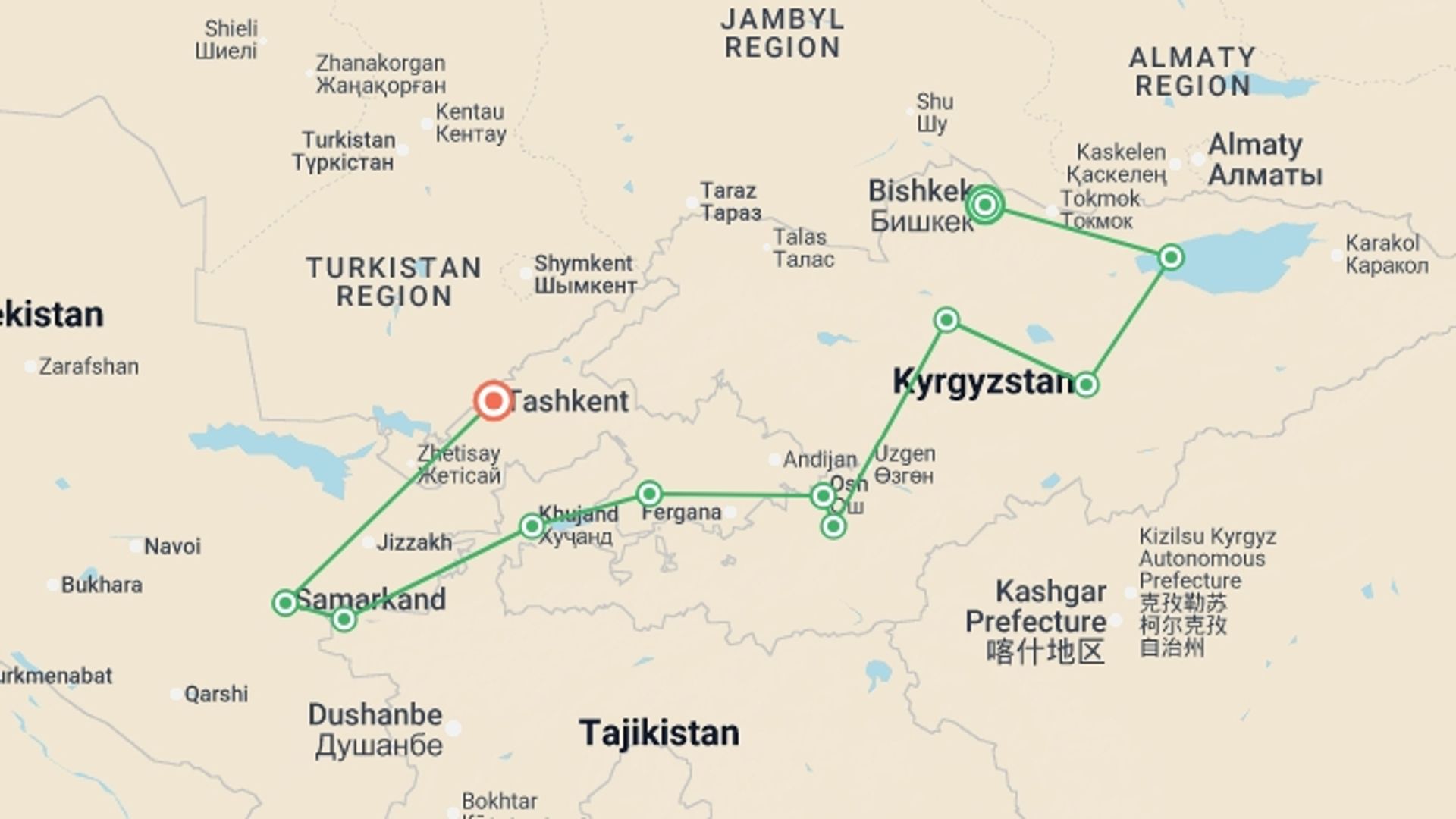 A map showing the tour itinerary for the trip: Central Asia Explorer, starting in Bishkek, Kyrgyzstan and ending in Tashkent, Uzbekistan going through 9 other destinations.