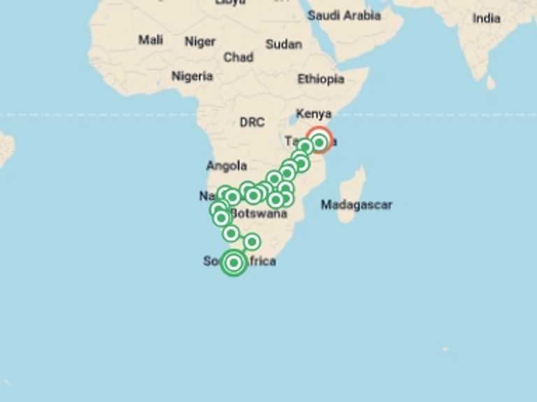 Map of Cape Town Wildlife safaris and game drives Tour with 25 destination visits for the trip: Cape Town to Zanzibar
