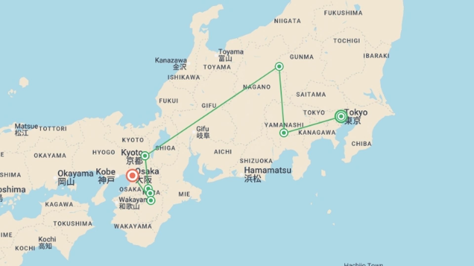 A map showing the tour itinerary for the trip: Backroads of Japan, starting in Tokyo, Japan and ending in Osaka, Japan going through 6 other destinations.