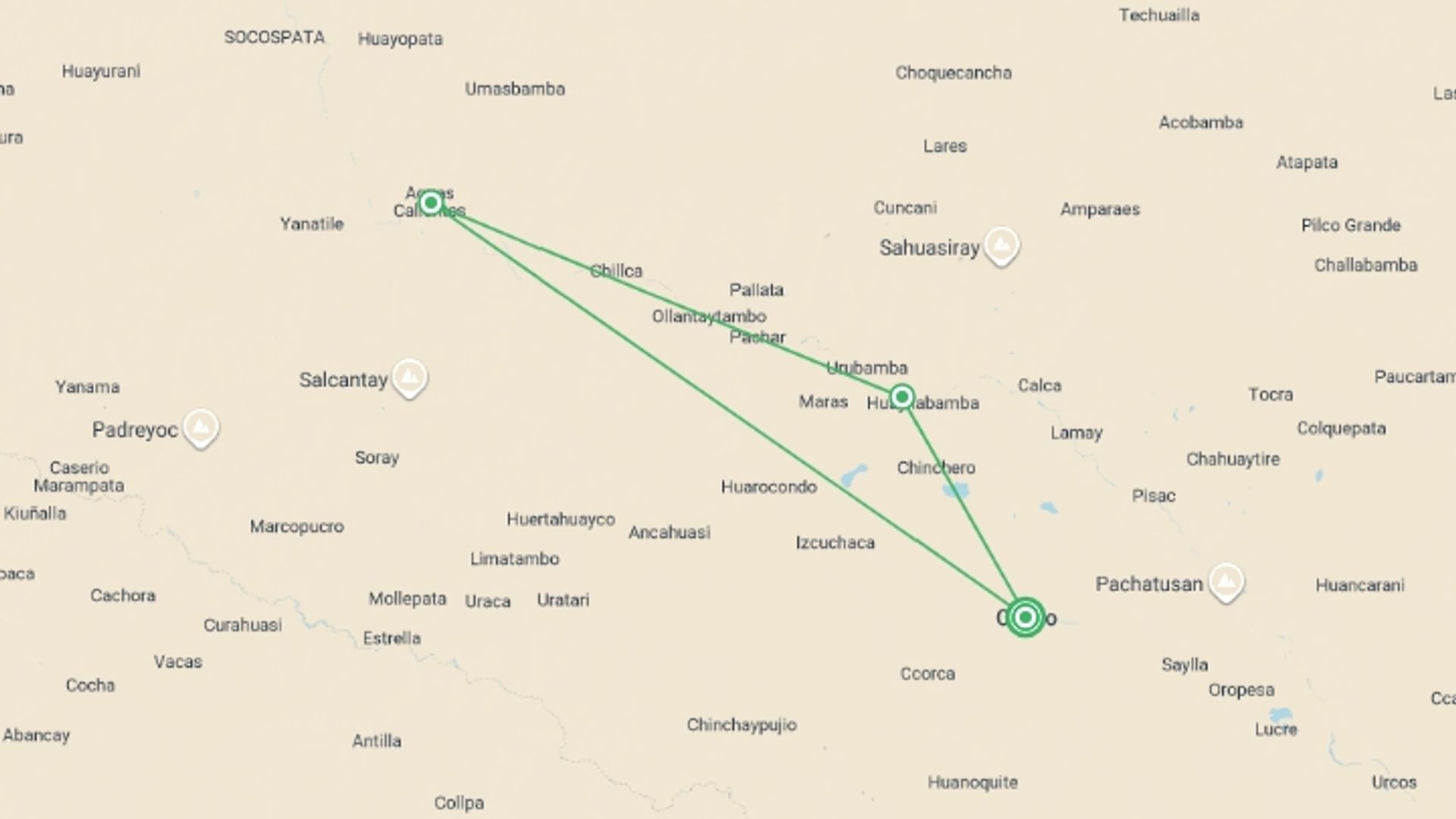 A map showing the tour itinerary for the trip: Machu Picchu Express - 5 days, starting in Cusco, Peru and ending in Cusco, Peru going through 2 other destinations.