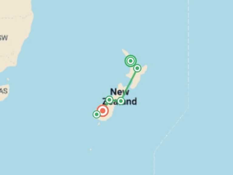 Map itinerary of New Zealand Tour in Winter with 6 destination visits for the trip: Journeys: Discover New Zealand