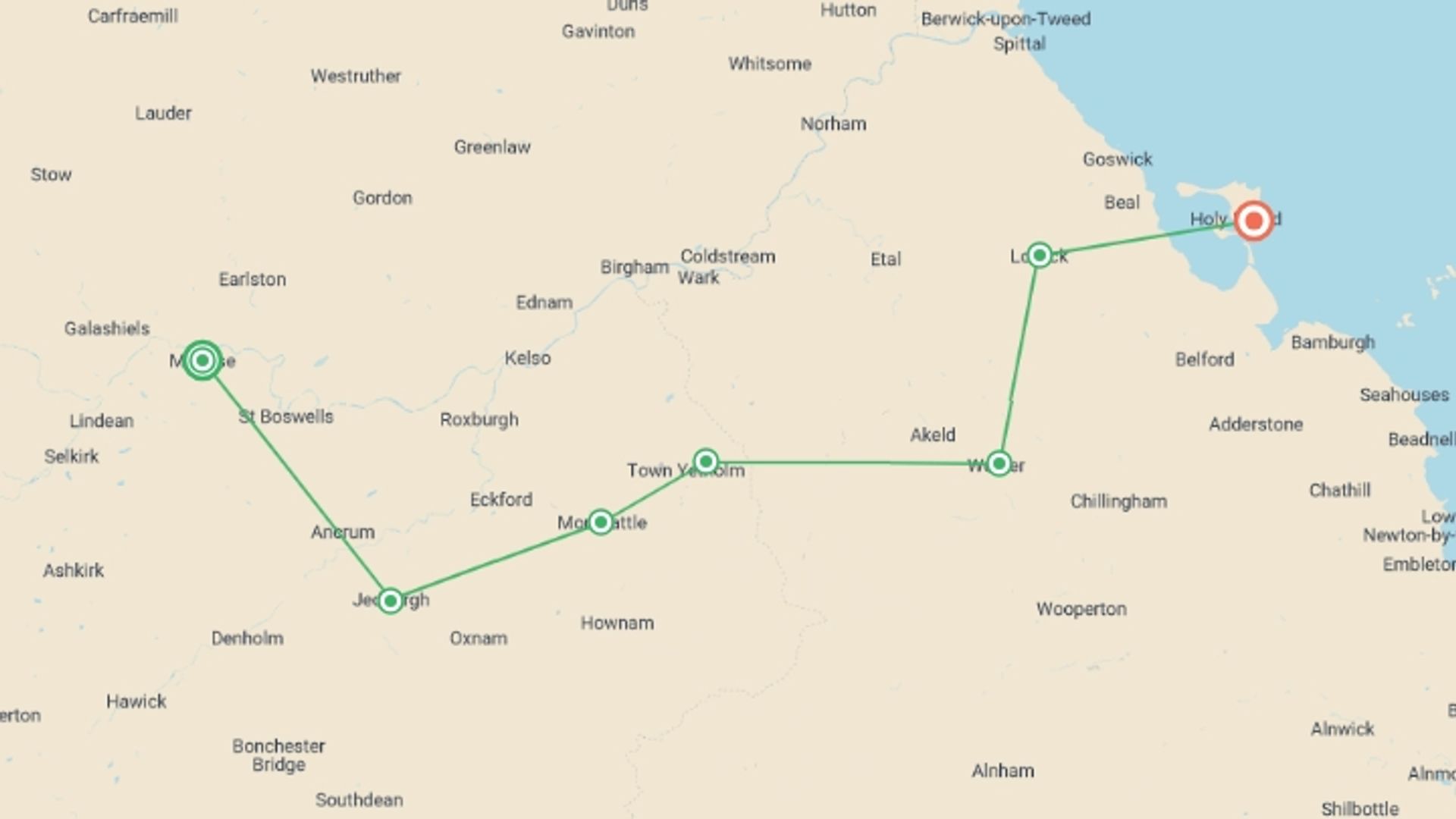 A map showing the tour itinerary for the trip: Hiking St Cuthbert's Way, starting in Melrose, Scotland and ending in Lindisfarne, England going through 5 other destinations.