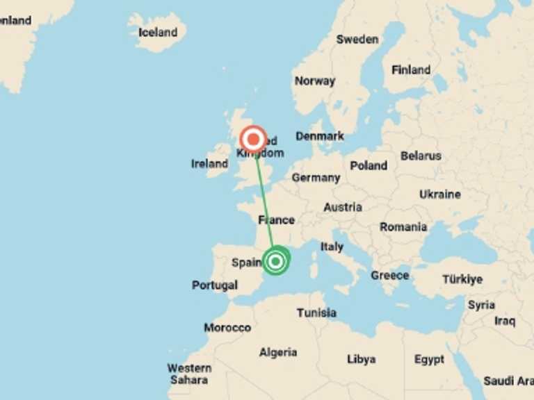 Map of England and Spain Tour with 6 destination visits for the trip: Cycling Girona and the Catalan Coast