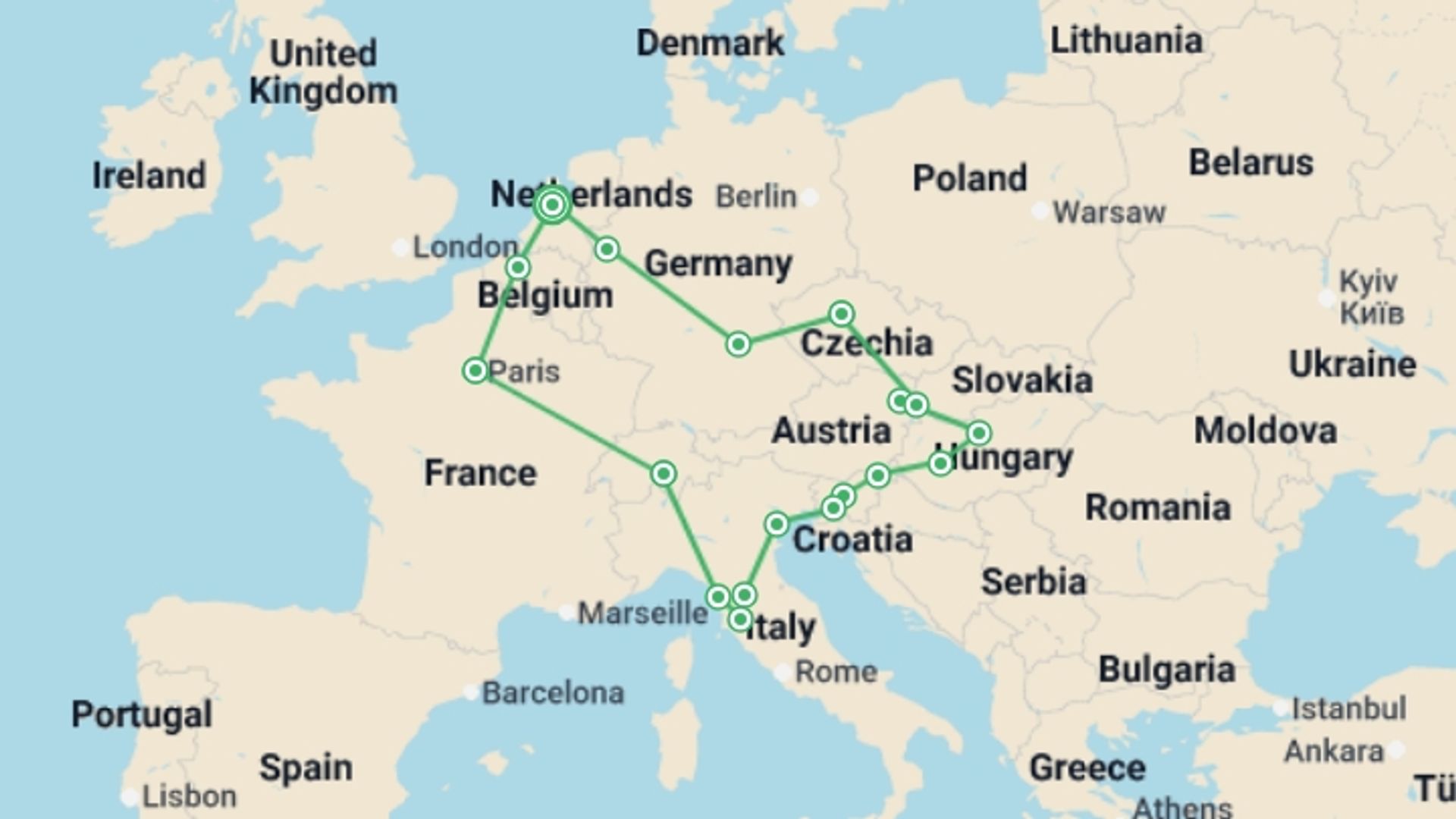 A map showing the tour itinerary for the trip: Europe Jewel, starting in Amsterdam, Holland and ending in Amsterdam, Holland going through 10 other destinations.