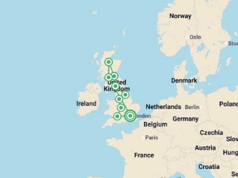 Map itinerary of UK and Britain Tour in August 2026 with 9 destination visits for the trip: England and Scotland