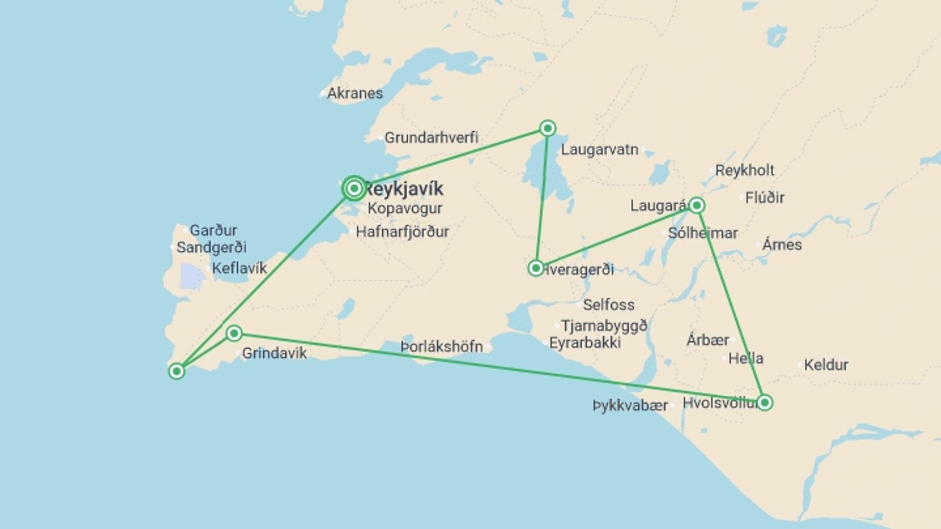 A map showing the tour itinerary for the trip: Iceland's Golden Circle in Depth, starting in Reykjavik, Iceland and ending in Reykjavik, Iceland going through 3 other destinations.
