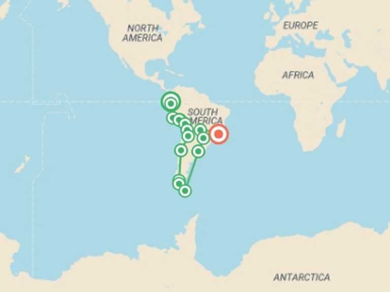 Map of a Overland Journeys Tour with 16 destination visits for the trip: Quito To Rio (114 Days) Kingdoms & Carnivals