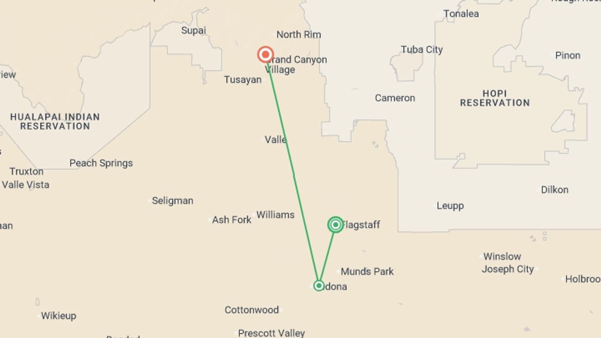 A map showing the tour itinerary for the trip: Hiking in Sedona and the Grand Canyon, starting in Flagstaff, USA and ending in Grand Canyon, USA going through 2 other destinations.