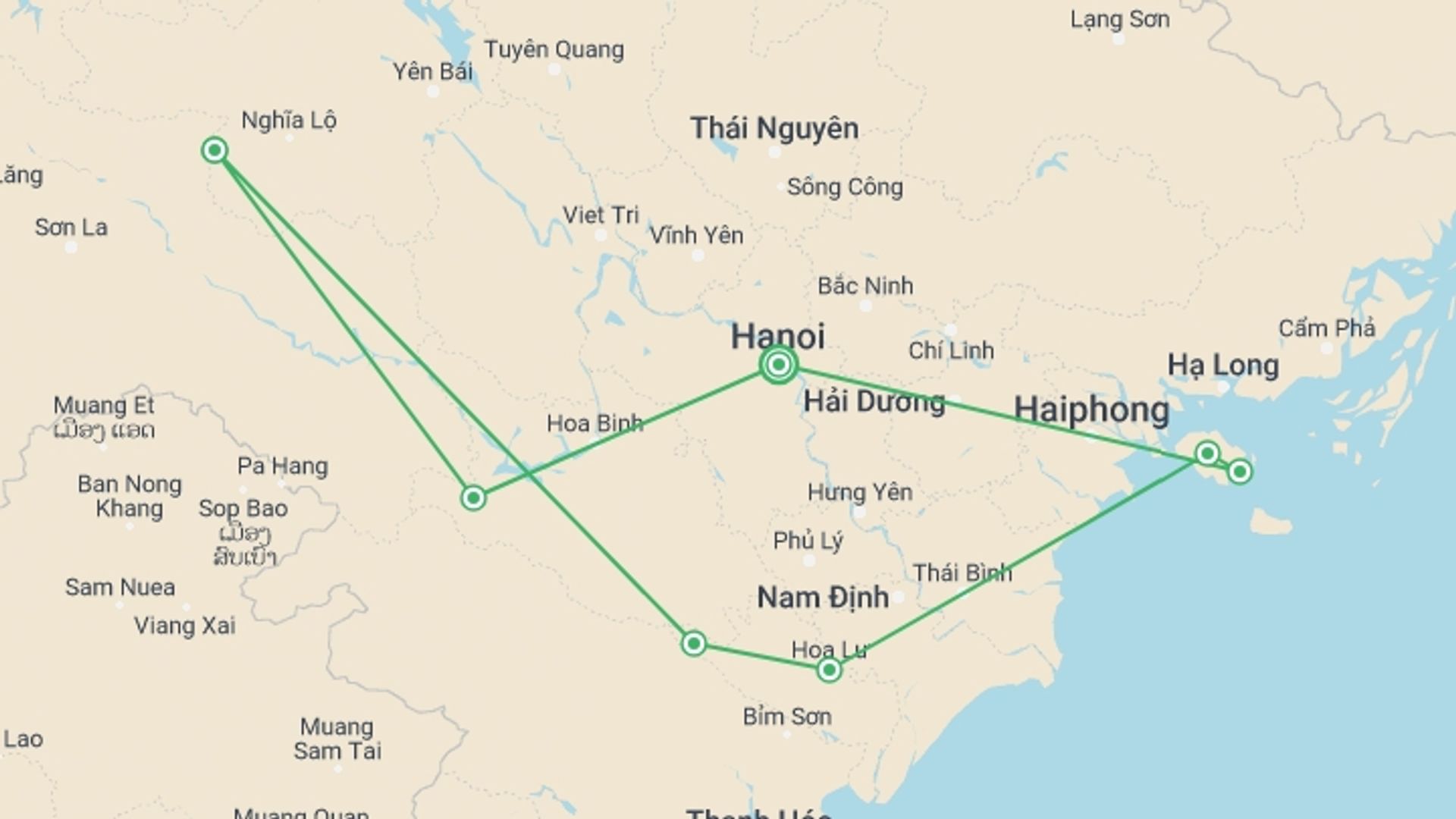 A map showing the tour itinerary for the trip: Vietnam Northern Loop 7 Days 6 Nights, starting in Hanoi, Vietnam and ending in Hanoi, Vietnam going through 5 other destinations.