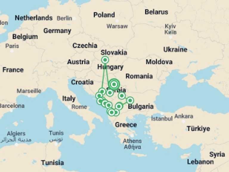 Map of a City sightseeing Tour with 16 destination visits for the trip: Balkan experience – 7 countries in 14 days