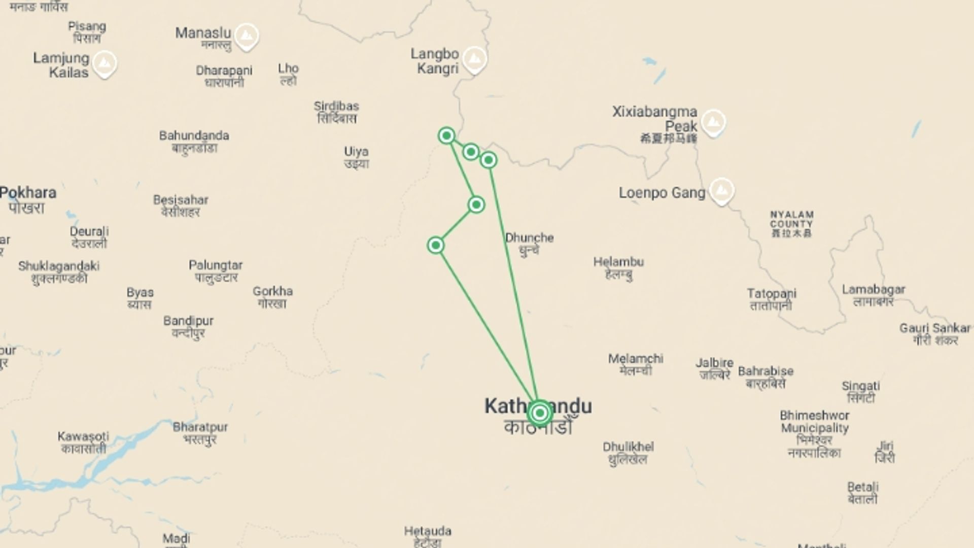 A map showing the tour itinerary for the trip: Ruby Valley Ganesh Himal Trek / Pangsang Pass, starting in Kathmandu, Nepal and ending in Kathmandu, Nepal going through 6 other destinations.