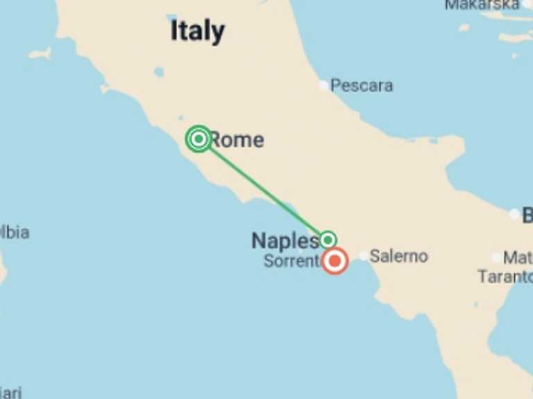 Map of Europe Cultural, religious and historic sites Tour with 3 destination visits for the trip: Slice of Italy - Rome to Sorrento