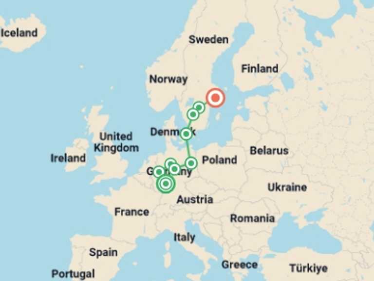 Map of Scandinavia Tour with 6 destination visits for the trip: German Trek End Stockholm