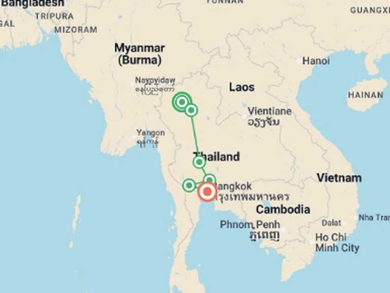 Map of Thailand City sightseeing Tour with 6 destination visits for the trip: Upgraded - Discover Northern Thailand