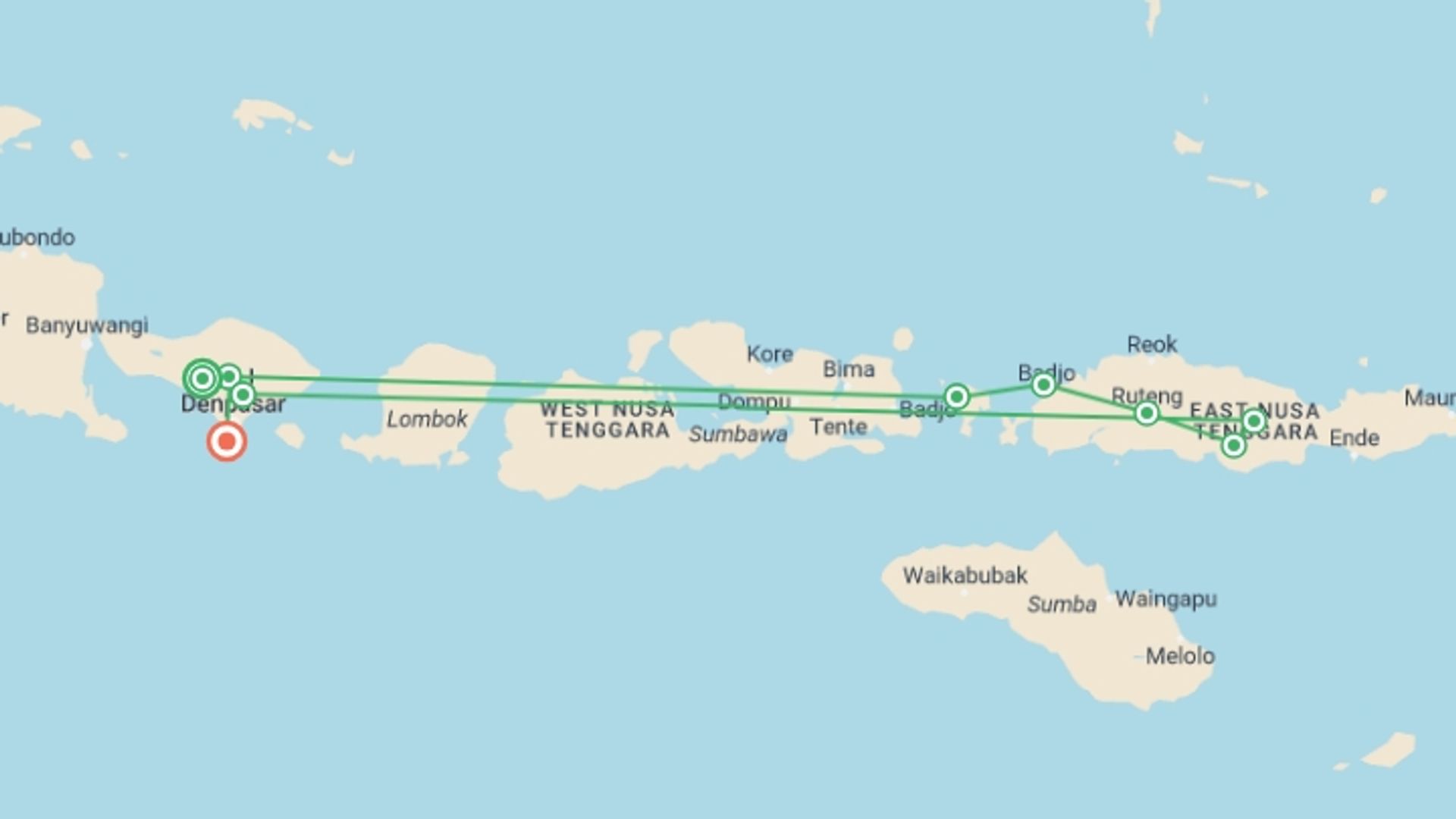 A map showing the tour itinerary for the trip: Discover Bali, Flores and Komodo Islands, starting in Belimbing, Indonesia and ending in Anja Jimbaran, Indonesia going through 7 other destinations.