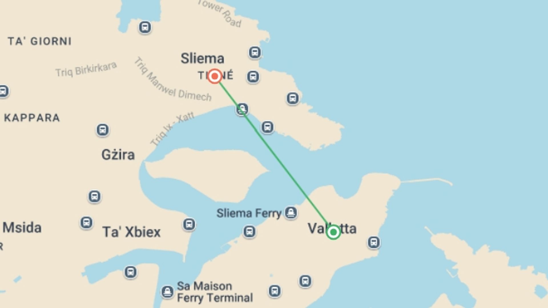 A map showing the tour itinerary for the trip: Easy Pace Malta, starting in Valletta, Malta and ending in Sliema, Malta going through 0 other destinations.