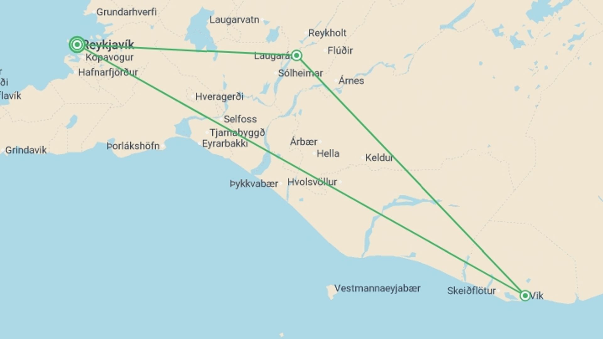 A map showing the tour itinerary for the trip: Six Days in Iceland, starting in Reykjavik, Iceland and ending in Reykjavik, Iceland going through 2 other destinations.
