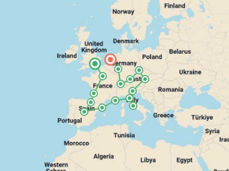 Map itinerary of Paris Tour in May 2026 with 16 destination visits for the trip: Great European