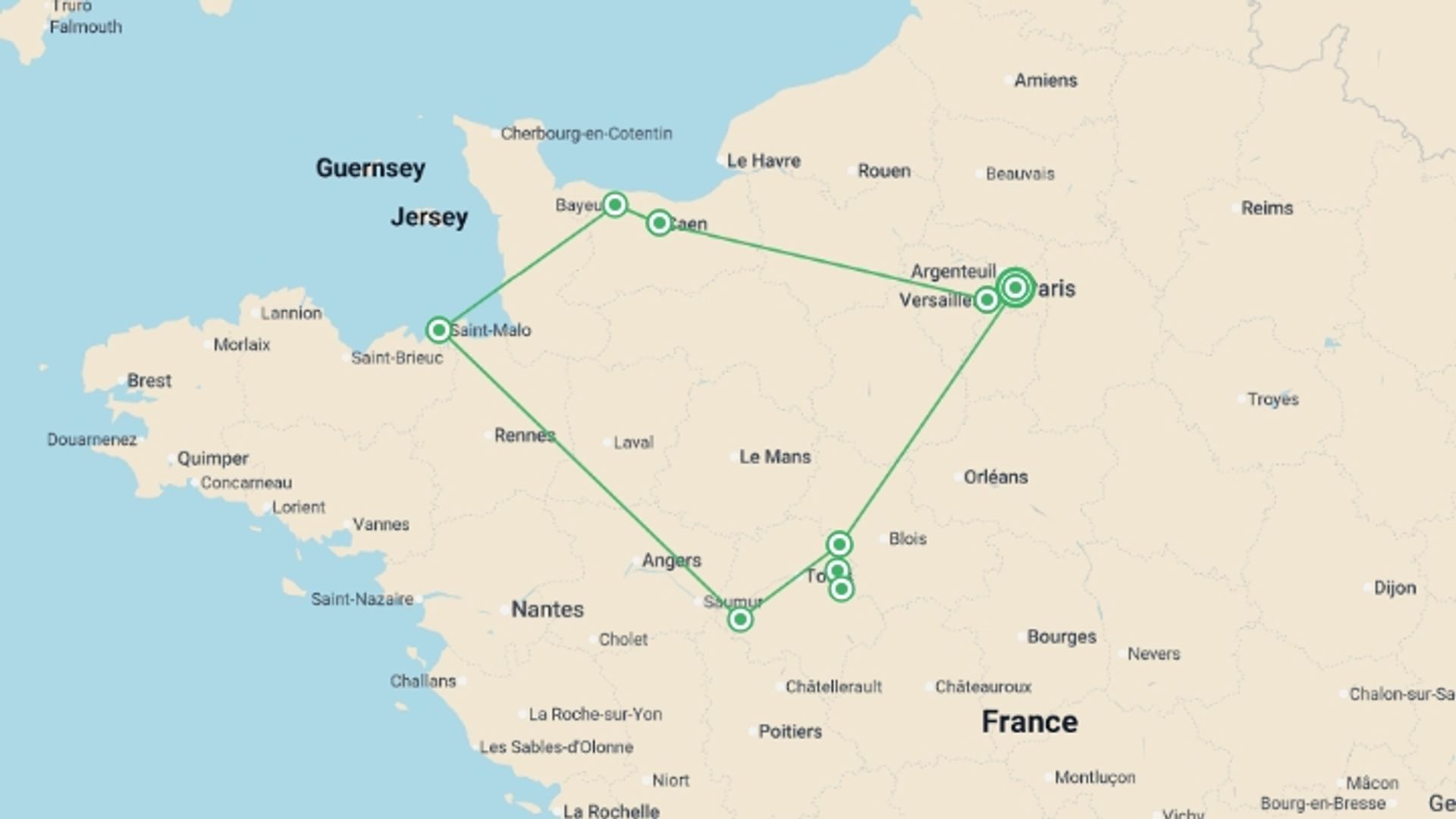 A map showing the tour itinerary for the trip: France Magnifique , starting in Paris, France and ending in Paris, France going through 2 other destinations.