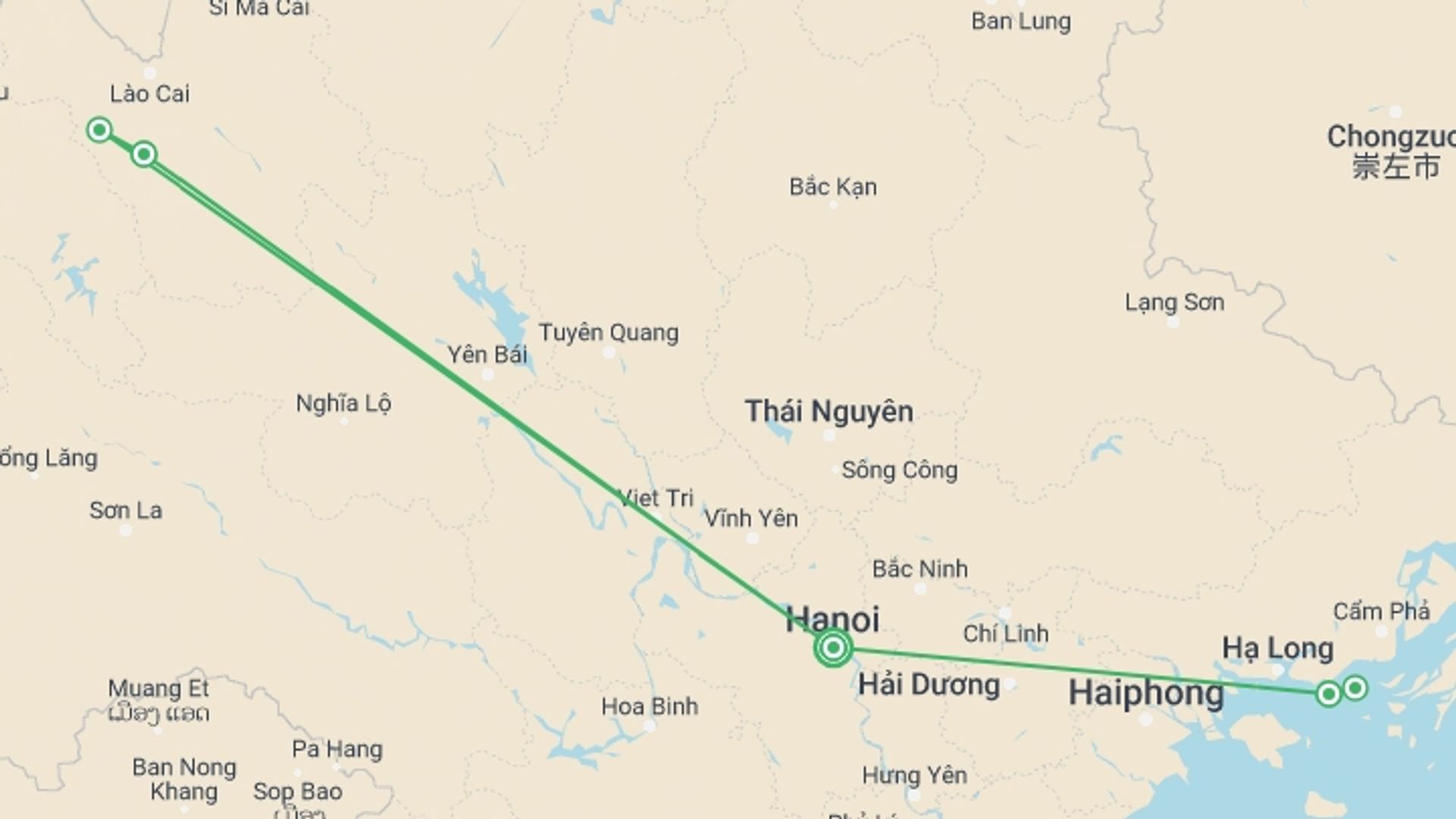A map showing the tour itinerary for the trip: VIETNAM NORTHERN HIGHLIGHTS, starting in Hanoi, Vietnam and ending in Hanoi, Vietnam going through 4 other destinations.
