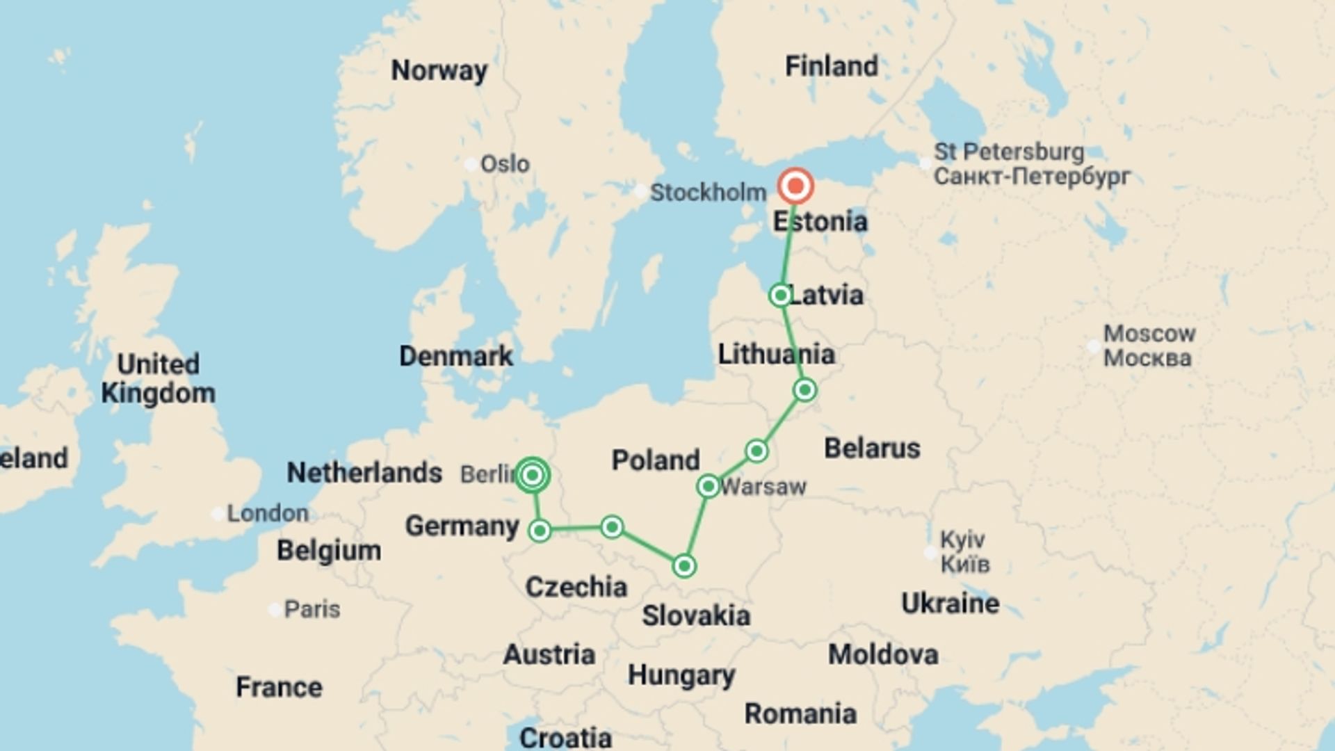 A map showing the tour itinerary for the trip: Berlin to Baltics - 17 days, starting in Berlin, Germany and ending in Tallinn, Estonia going through 7 other destinations.