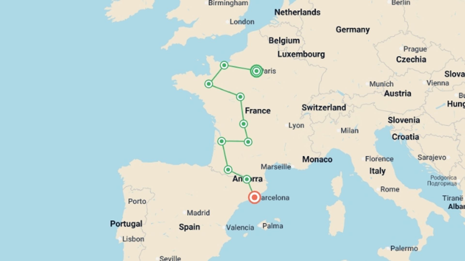 A map showing the tour itinerary for the trip: Lovely France with Barcelona, starting in Paris, France and ending in Barcelona, Spain going through 8 other destinations.