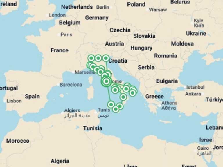 Map itinerary of Europe Tour in October 2026 with 14 destination visits for the trip: Italian Roundabout Complete End Rome