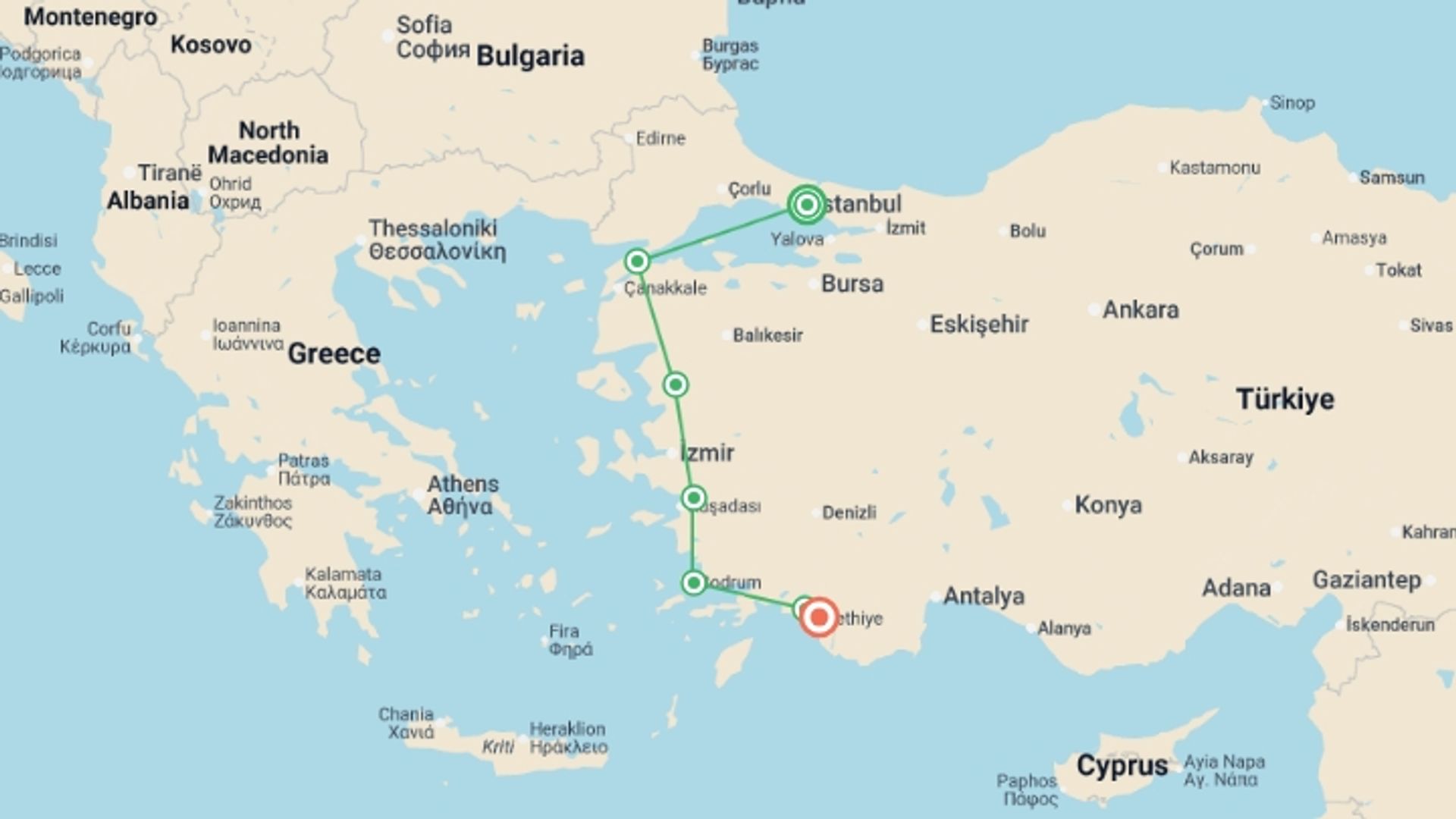 A map showing the tour itinerary for the trip: Wonders of Aegean With Gulet Tour, starting in Istanbul, Turkey and ending in Fethiye, Turkey going through 3 other destinations.