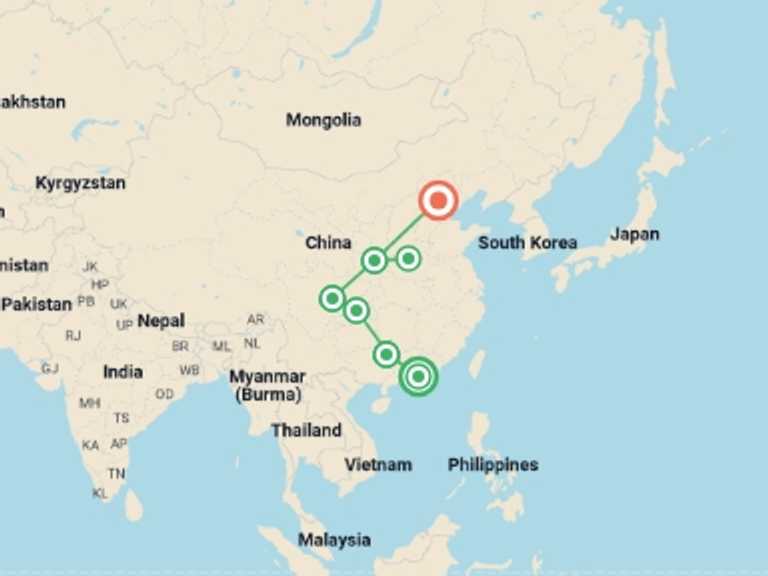 Map of Xian Tour with 7 destination visits for the trip: Hong Kong to Beijing - 18 days