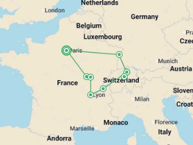 Map itinerary of France Tour in May 2026 with 3 destination visits for the trip: France and Switzerland