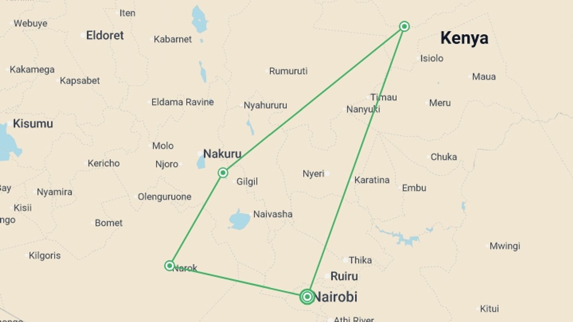 A map showing the tour itinerary for the trip: Kenya Up Close (superior) - 8 days, starting in Nairobi, Kenya and ending in Nairobi, Kenya going through 4 other destinations.