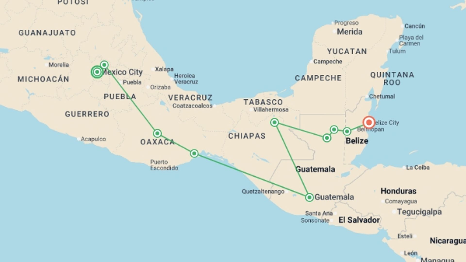 A map showing the tour itinerary for the trip: Contrasts of Mexico, starting in Mexico City, Mexico and ending in Belize City, Belize going through 9 other destinations.