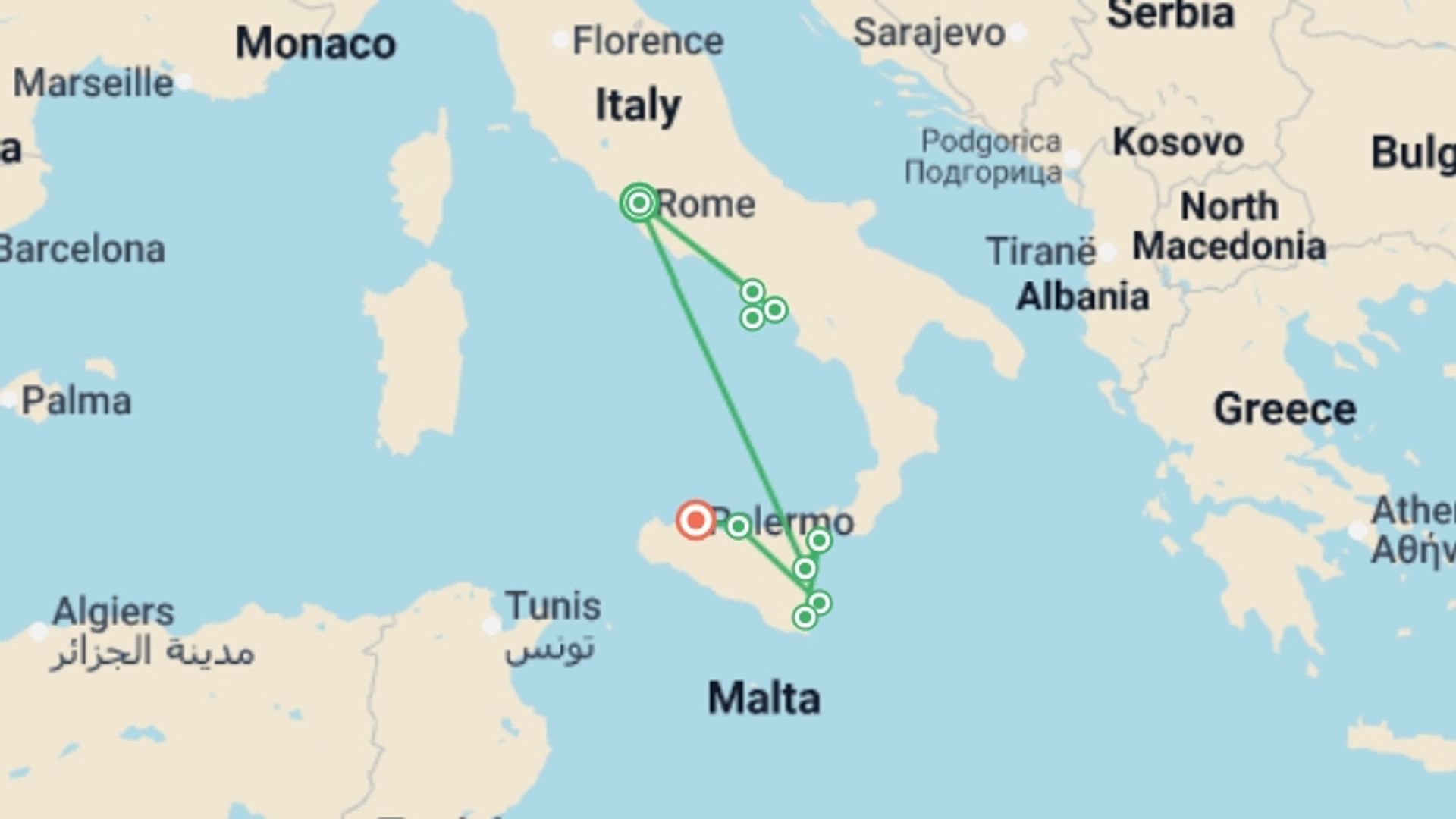A map showing the tour itinerary for the trip: Italian Escape and Sicily, starting in Rome, Italy and ending in Palermo, Italy going through 7 other destinations.