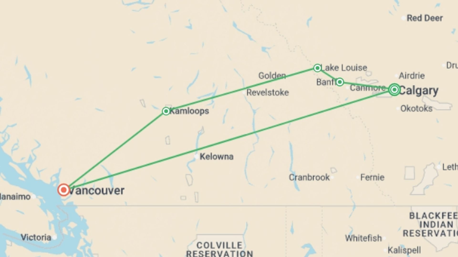 A map showing the tour itinerary for the trip: Canadian Rockies featuring Rocky Mountaineer Westbound, starting in Calgary, Canada and ending in Vancouver, Canada going through 3 other destinations.