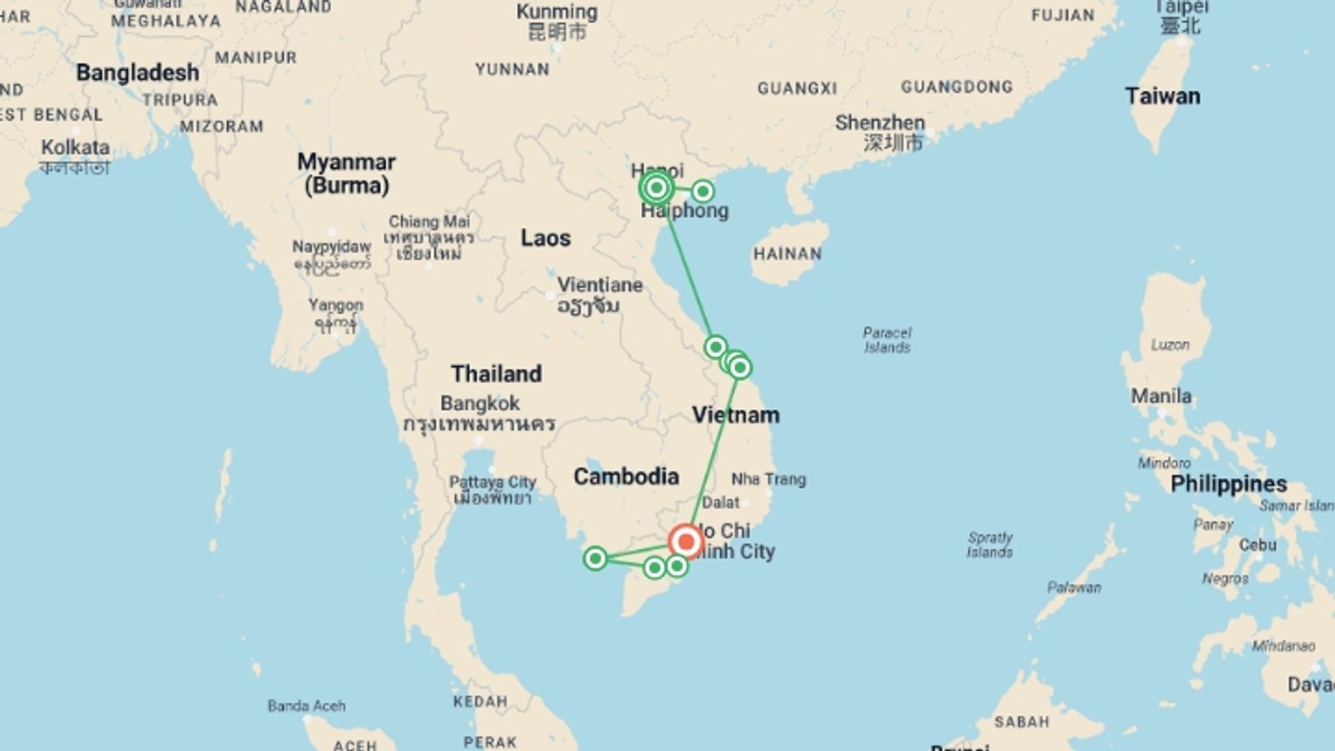 A map showing the tour itinerary for the trip: 14 Days Vietnam In-Depth Cutural and Natural, starting in Hanoi, Vietnam and ending in Saigon, Vietnam going through 9 other destinations.