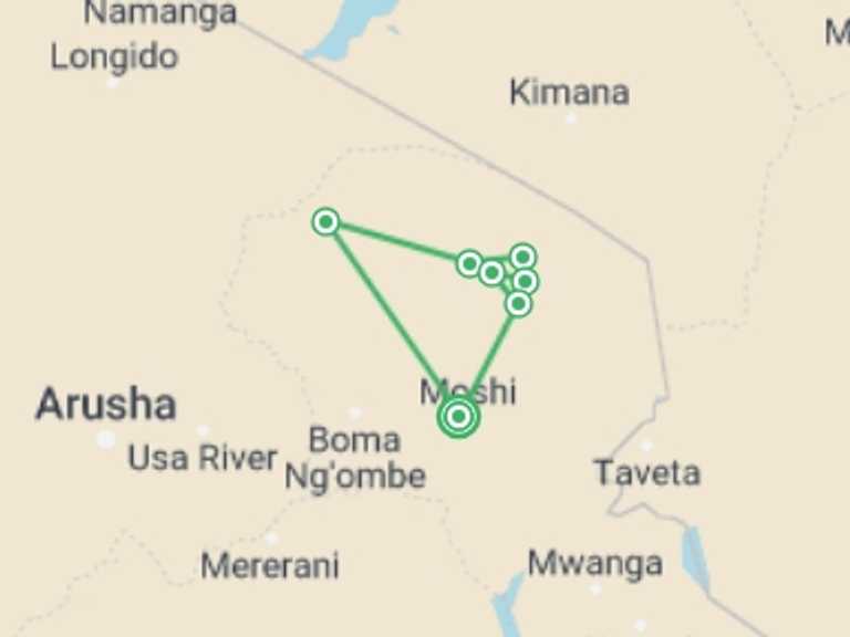 Map of Tanzania Tour with 7 destination visits for the trip: Kilimanjaro - Rongai Trek
