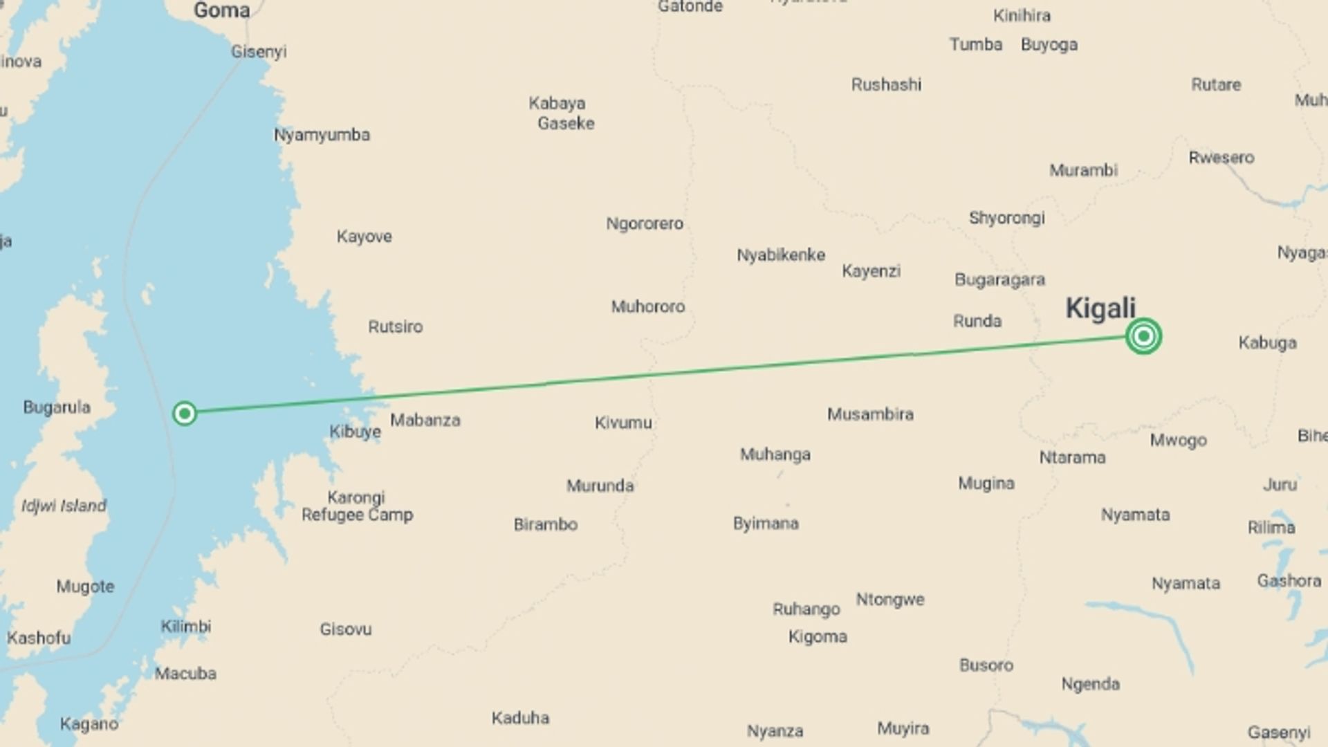 A map showing the tour itinerary for the trip: A Perfect Rwanda Wildlife & Scenic Escape, starting in Kigali, Rwanda and ending in Kigali, Rwanda going through 1 other destinations.