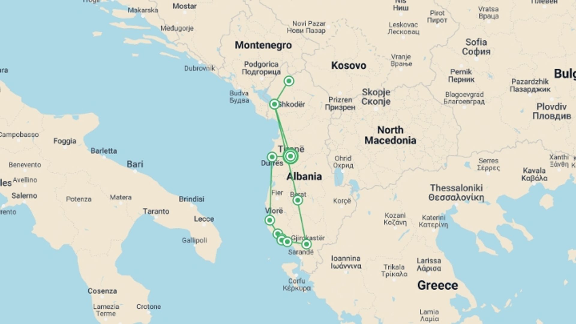 A map showing the tour itinerary for the trip: Small Group Tour; Pearls of Albania in 8 Days , starting in Tirana, Albania and ending in Tirana, Albania going through 12 other destinations.