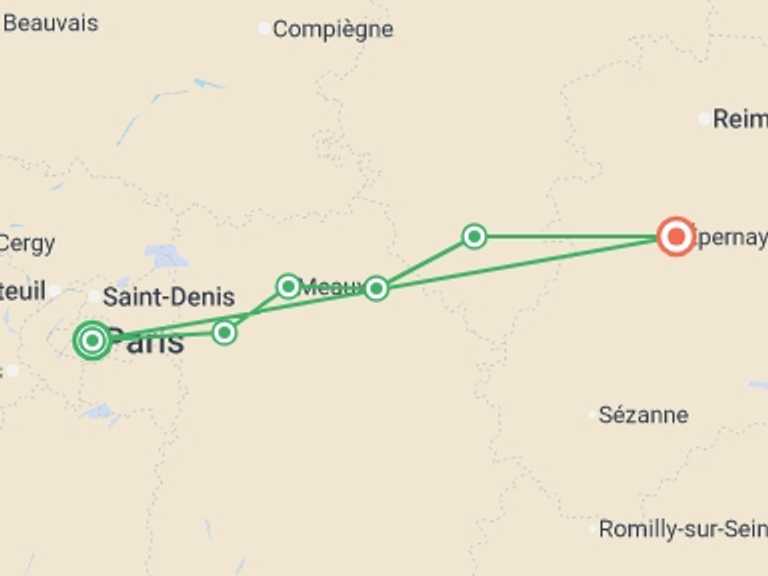 Map itinerary of Paris Tour in October 2026 with 7 destination visits for the trip: Champagne and Paris by Bike and Barge